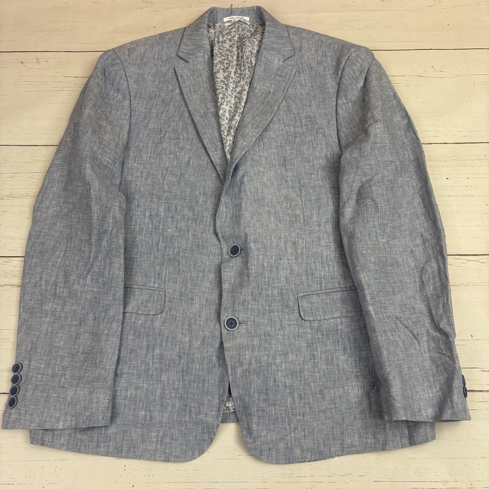 Bar III Blazer Sport Coat Mens 42R Blue Linen Slim Fit Floral Lining Summer